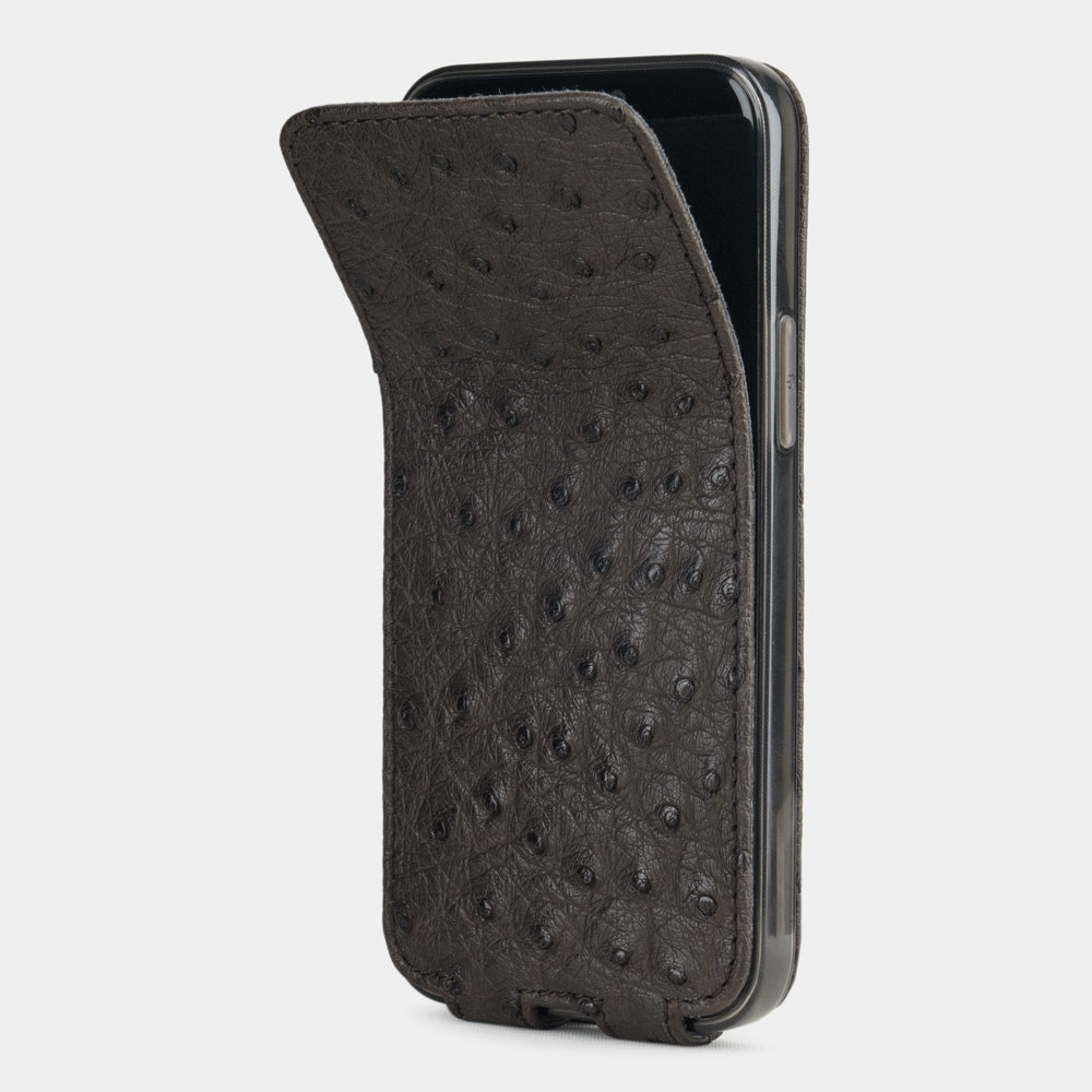 brown ostrich leather iPhone 12 pro max flip case shown partially open, slim handcrafted leather cover with magnetic flap
