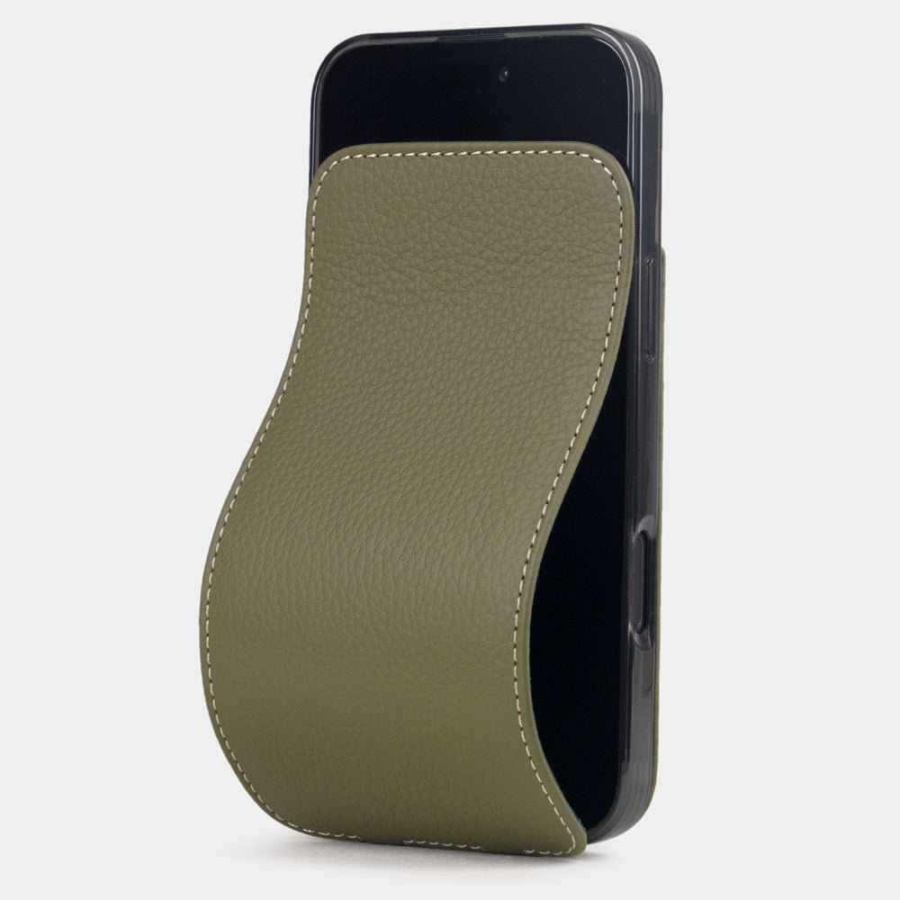 green calfskin leather flip case iPhone 16 Plus – luxury handmade phone case in genuine leather with magnetic front cover partially open