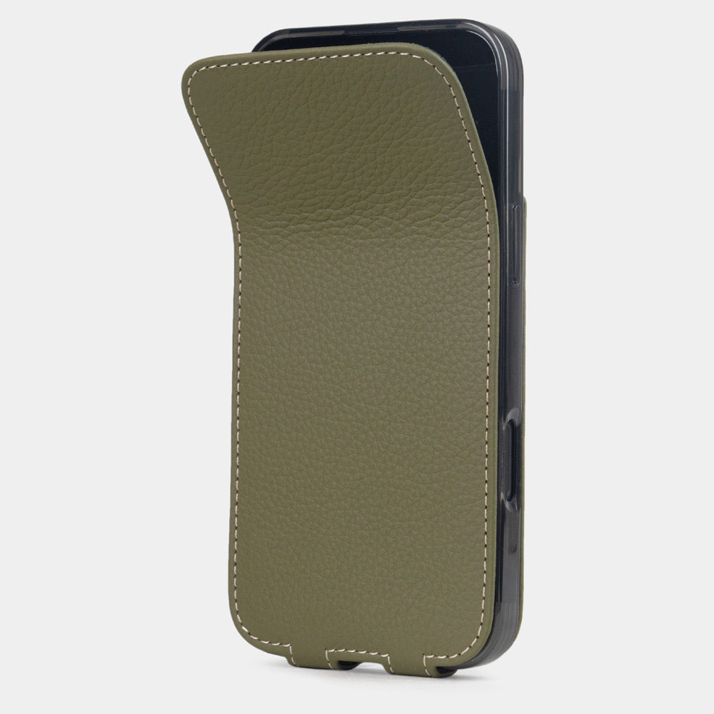 green calfskin leather Flip Case iPhone 16 plus – phone flip case with textured natural scale pattern, flexible front cover folding back to protect the smartphone screen