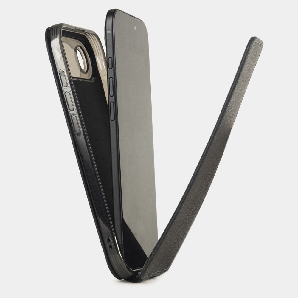 black leather case iPhone 17 air - view how the iphone is inserted into the silicone case and the soft cover