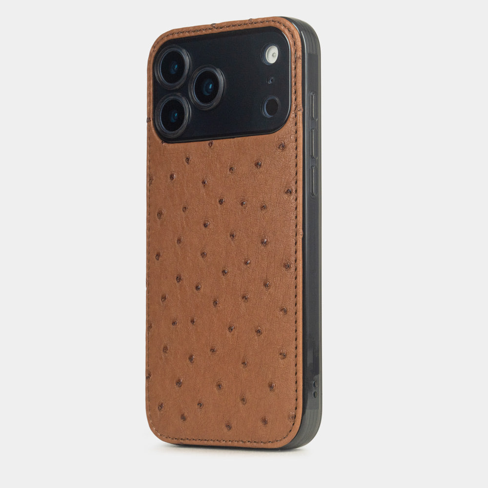 Gold Ostrich Cover Case iPhone 17 Pro Max blue – luxury handmade phone case in genuine ostrich leather
