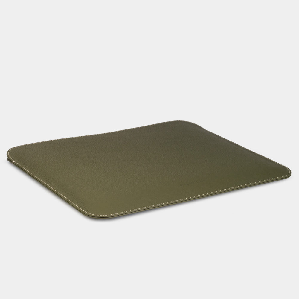 Minimalist green leather laptop sleeve 14 inch back view, slim MacBook pouch design