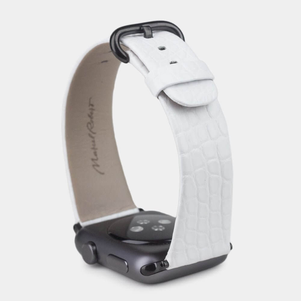 white alligator strap apple watch black adapters and buckle