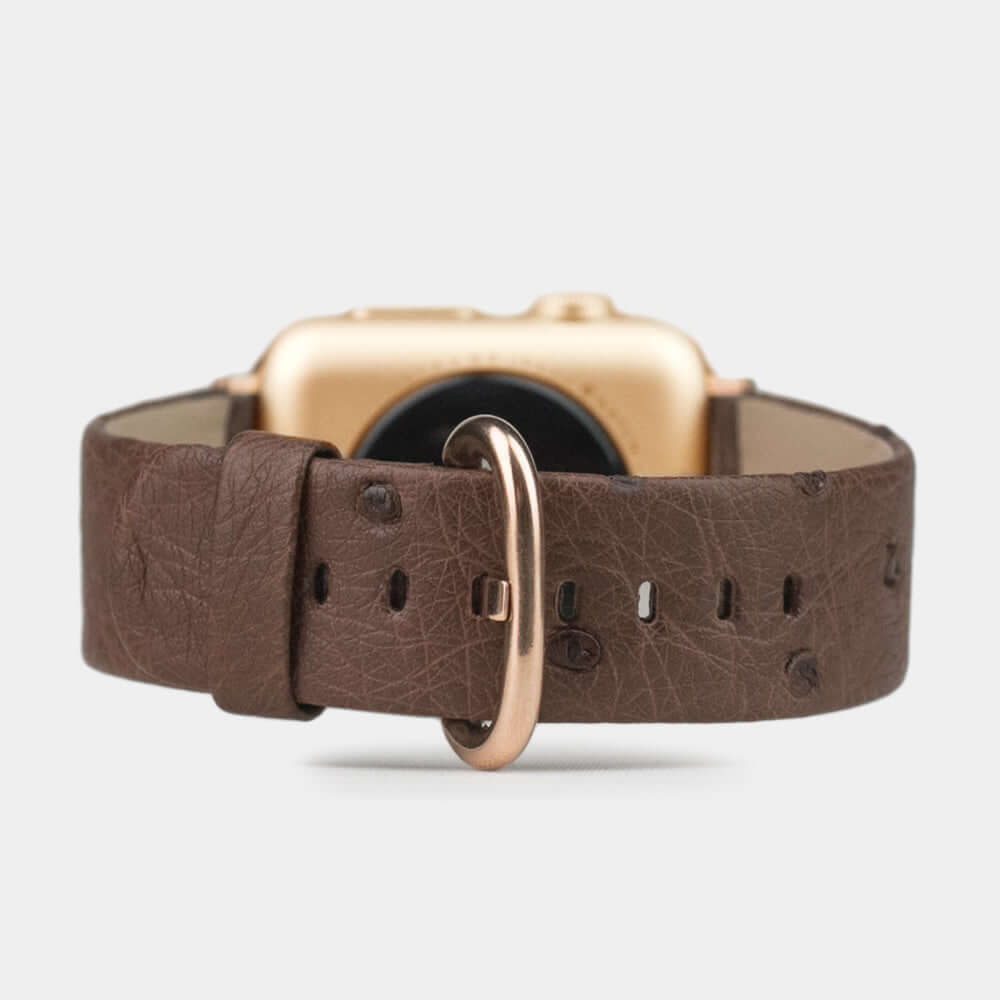 Strap for the Apple Watch 41/42 mm in brown ostrich leather, with pink gold adapters and buckle | main view