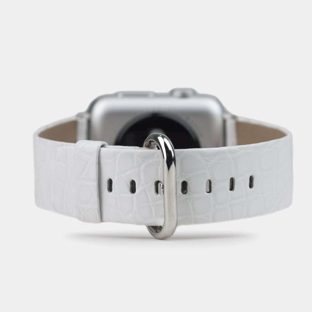 Strap for the Apple Watch 45/46 mm in white matte alligator leather, with steel adapters and buckle | main view