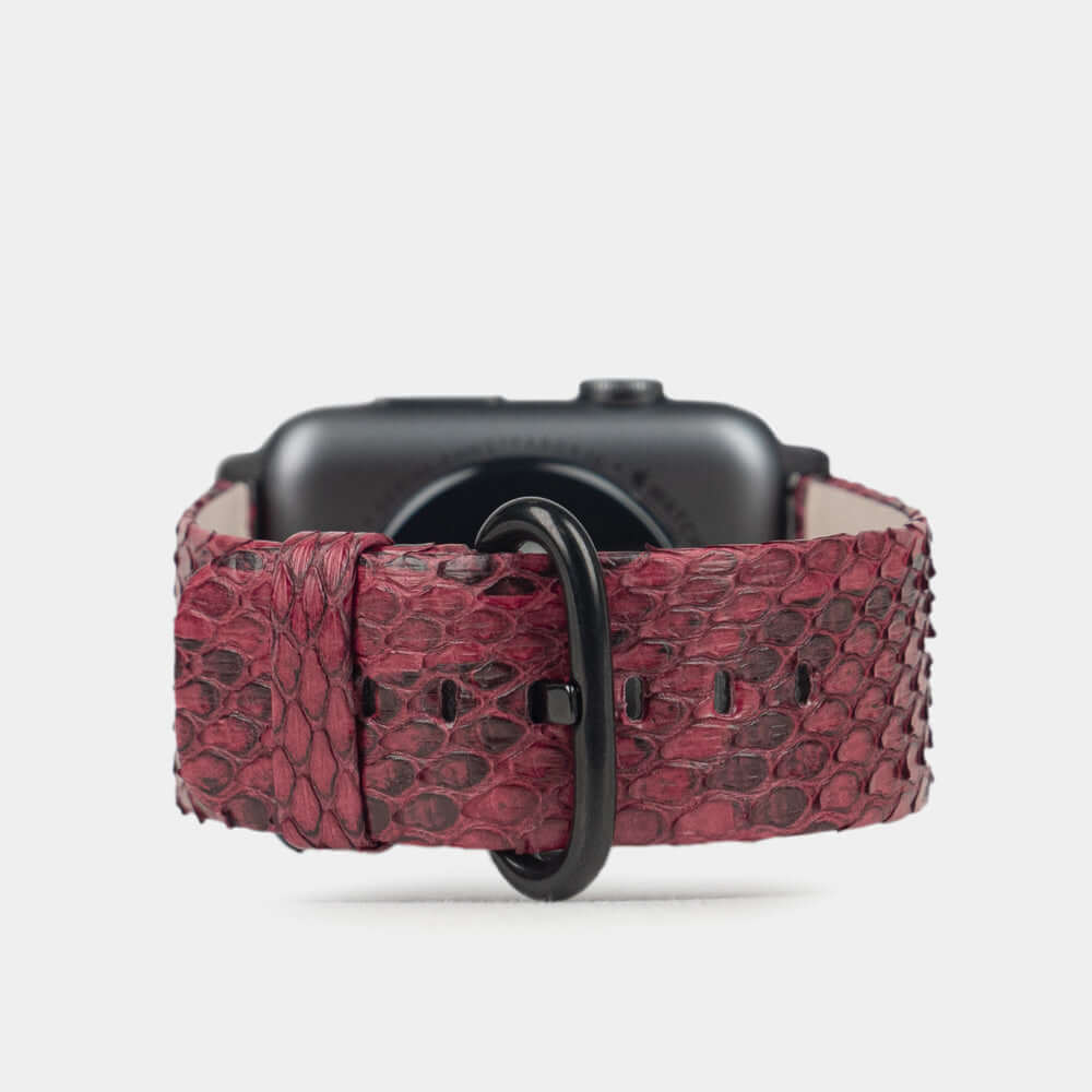 Strap for the Apple Watch 41/42 mm in bordeaux python leather, with black adapters and buckle | main view