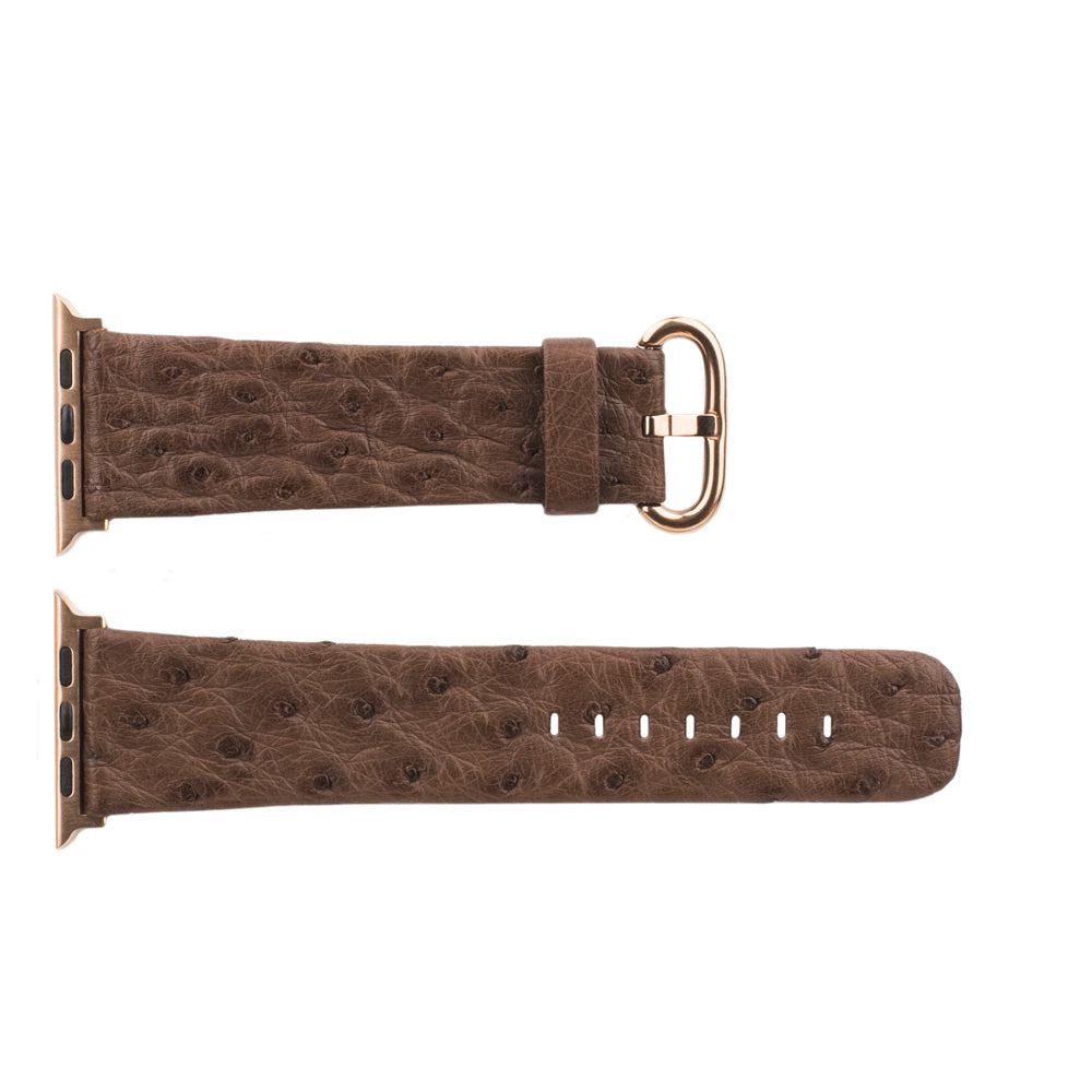 Strap for the Apple Watch 41/42 mm in brown ostrich leather, with pink gold adapters and buckle | flat lay view of the full strap to see its length