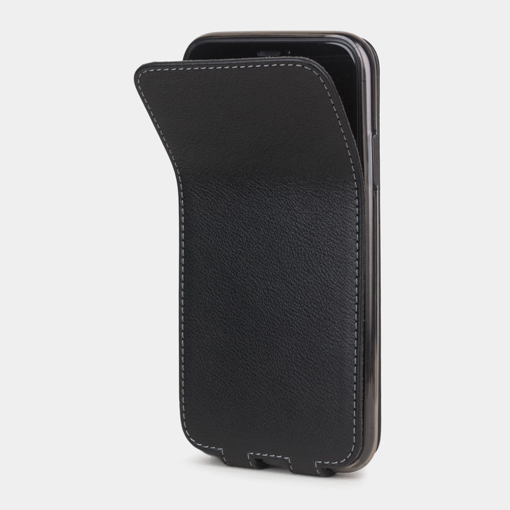Black calfskin leather flip case iPhone 11, Marcel Robert handmade magnetic folding cover