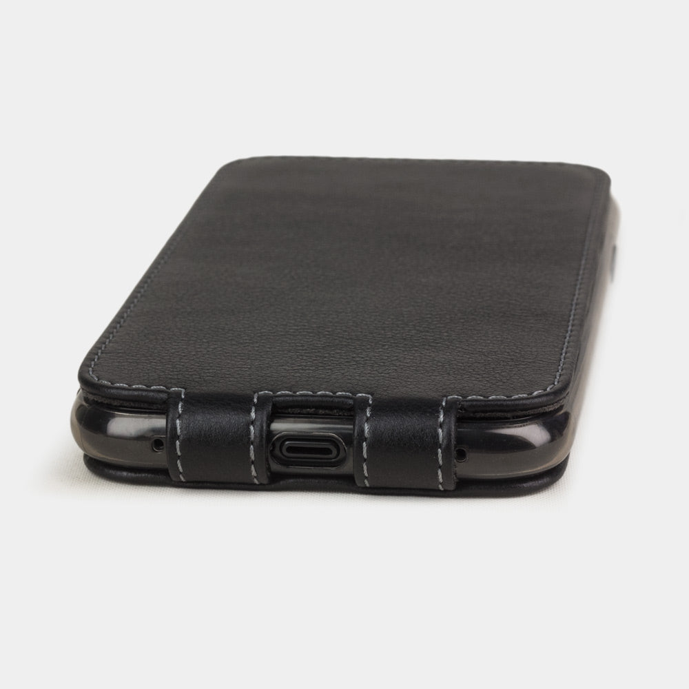 Black calfskin leather flip case iPhone 11, Marcel Robert handmade magnetic folding cover