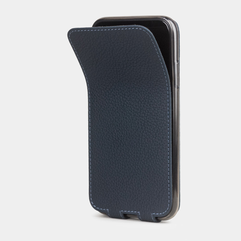 Blue calfskin leather flip case iPhone 11, Marcel Robert handmade magnetic folding cover