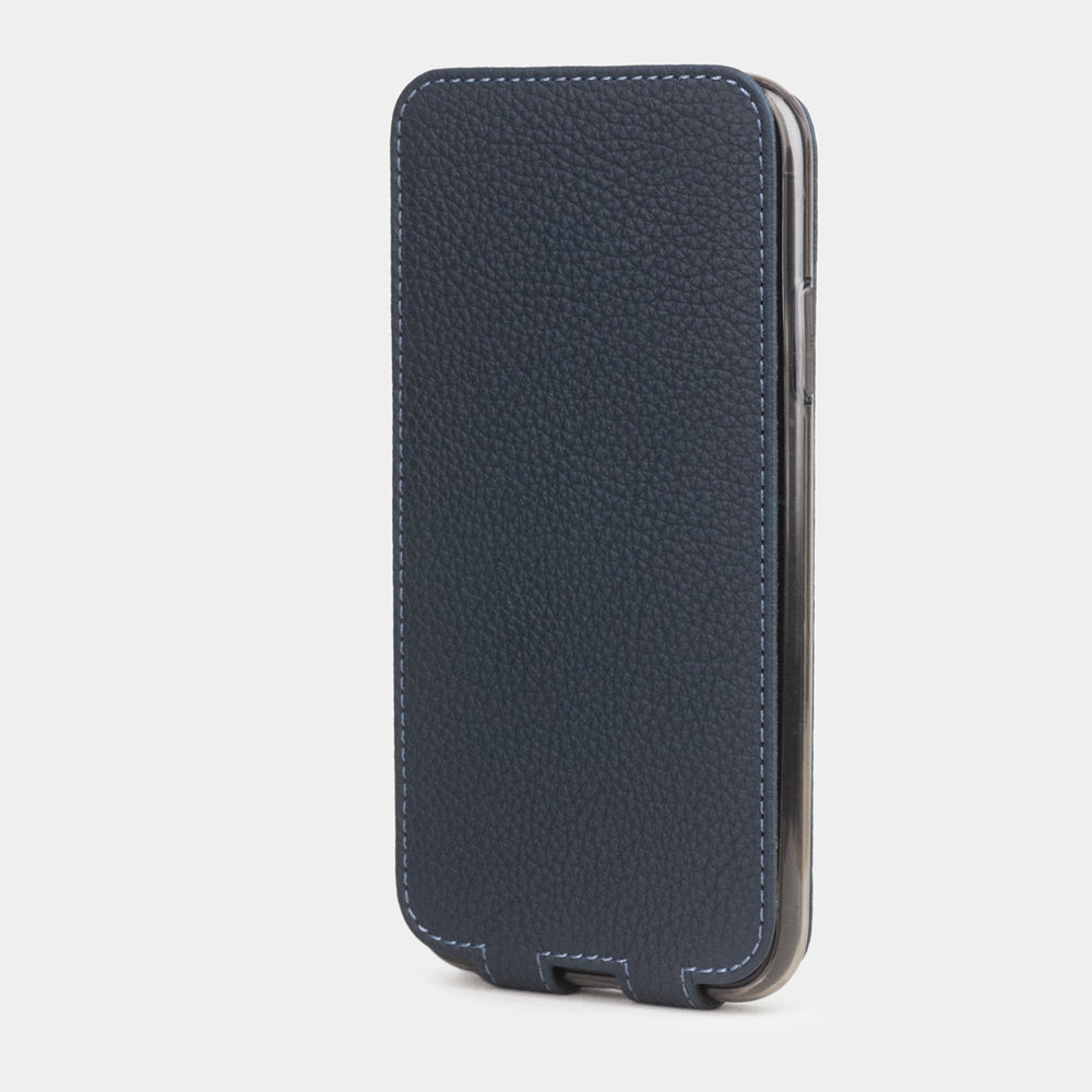 Blue calfskin leather flip case iPhone 11, Marcel Robert handmade magnetic folding cover