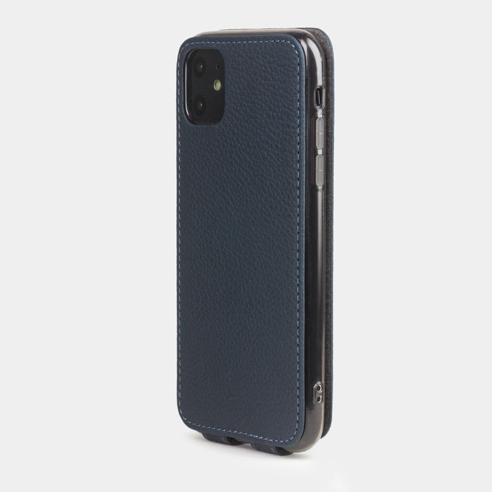 Blue calfskin leather flip case iPhone 11, Marcel Robert handmade magnetic folding cover