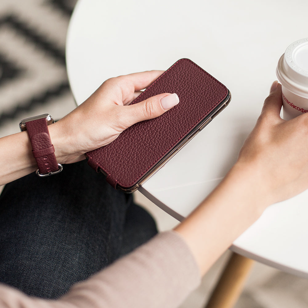 Bordeaux calfskin leather flip case iPhone 11, Marcel Robert handmade magnetic folding cover