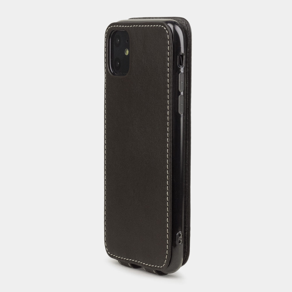 Brown calfskin leather flip case iPhone 11, Marcel Robert handmade magnetic folding cover