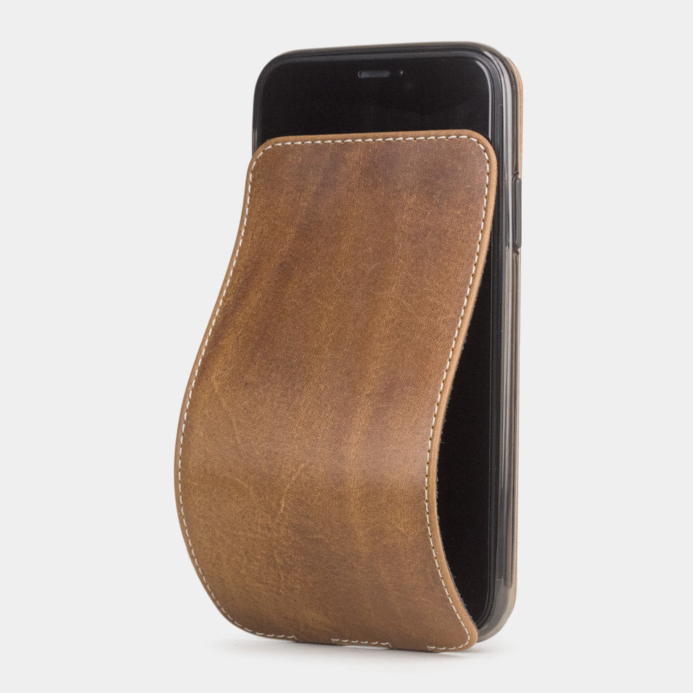 Vintage Tan calfskin leather flip case iPhone 11, Marcel Robert handmade magnetic folding cover