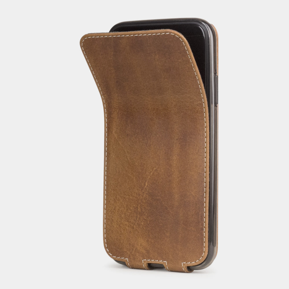 Vintage Tan calfskin leather flip case iPhone 11, Marcel Robert handmade magnetic folding cover