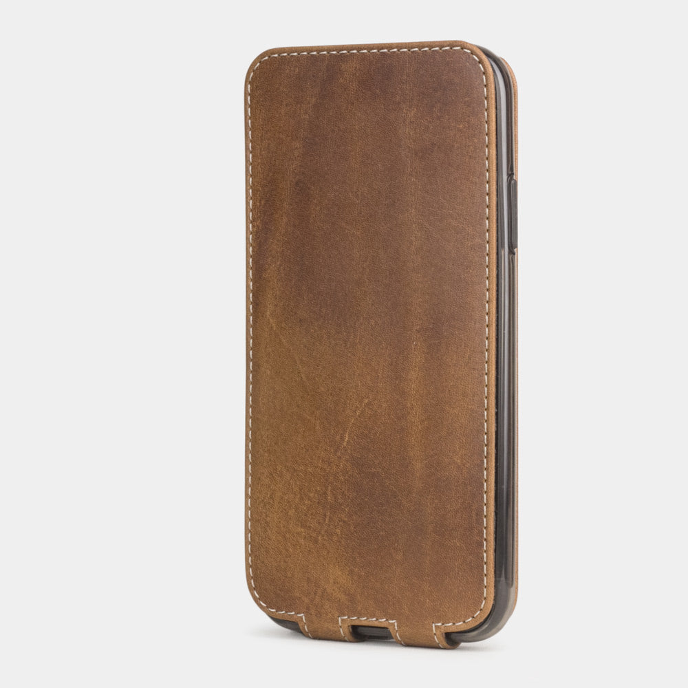 Vintage Tan calfskin leather flip case iPhone 11, Marcel Robert handmade magnetic folding cover