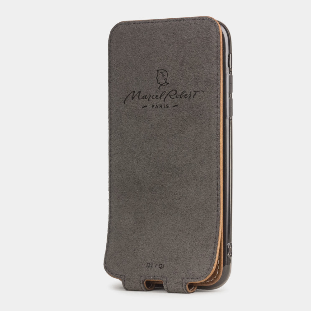 Vintage Tan calfskin leather flip case iPhone 11, Marcel Robert handmade magnetic folding cover