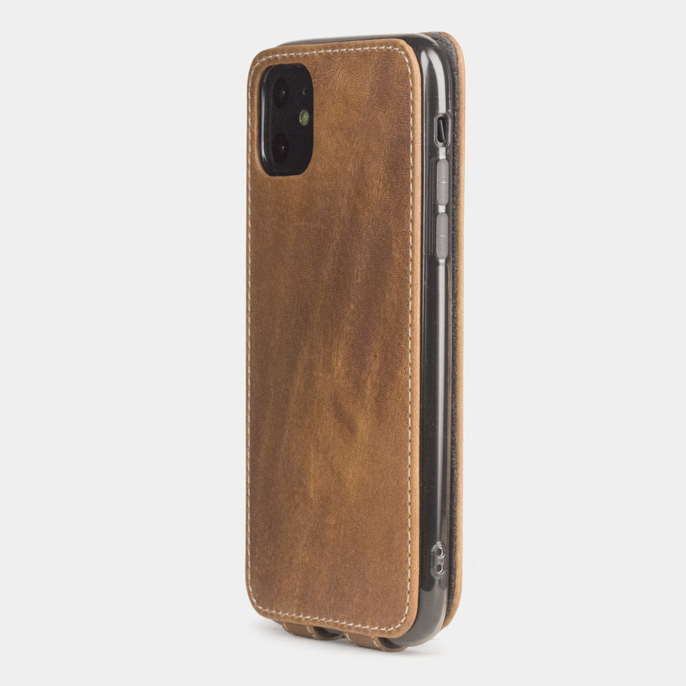Vintage Tan calfskin leather flip case iPhone 11, Marcel Robert handmade magnetic folding cover