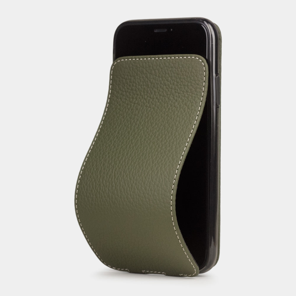 Green calfskin leather flip case iPhone 11, Marcel Robert handmade magnetic folding cover