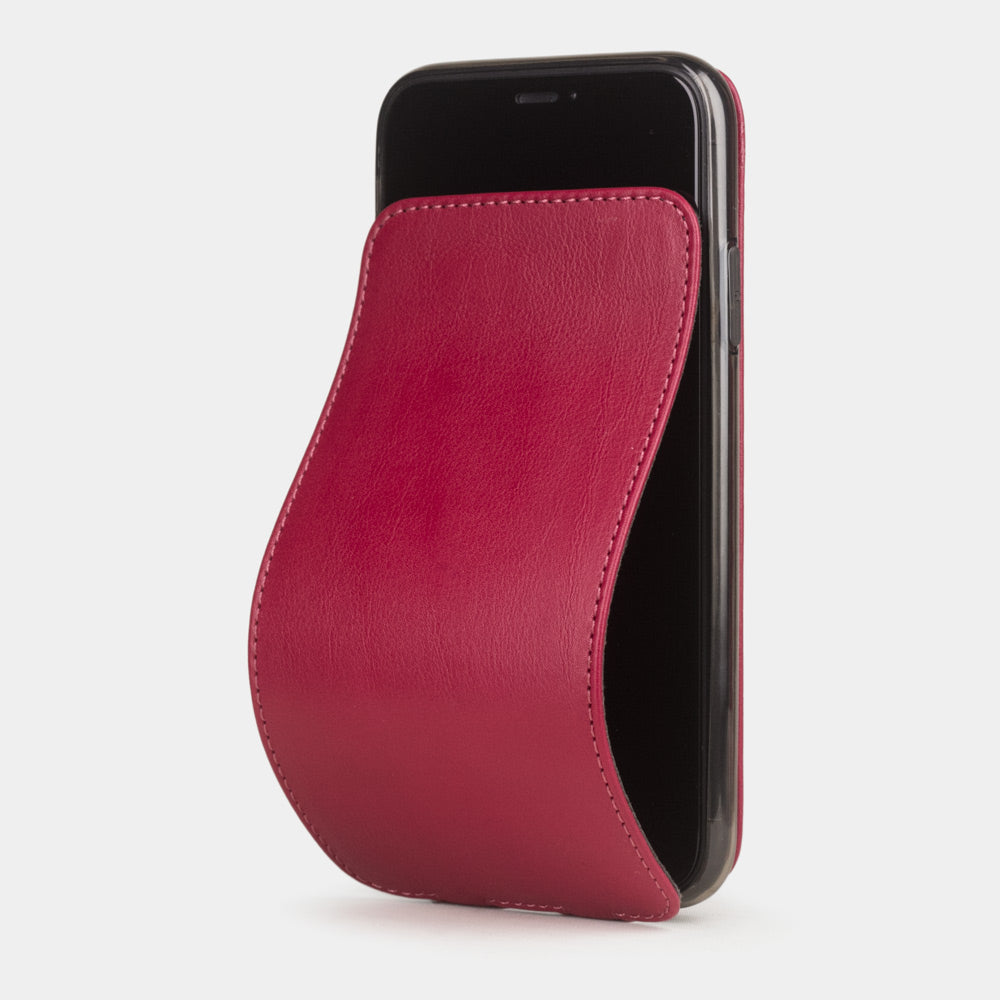 Fuchsia calfskin leather flip case iPhone 11, Marcel Robert handmade magnetic folding cover