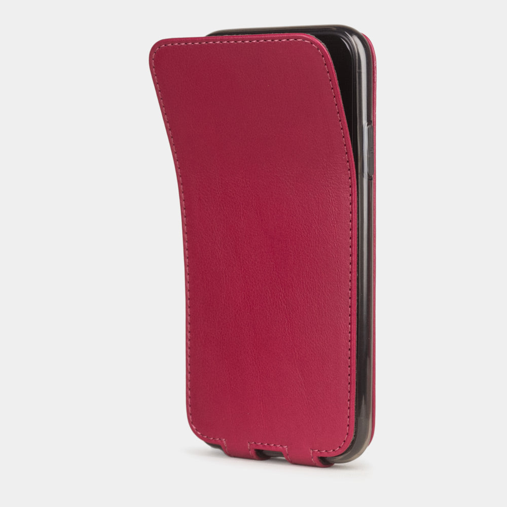Fuchsia calfskin leather flip case iPhone 11, Marcel Robert handmade magnetic folding cover