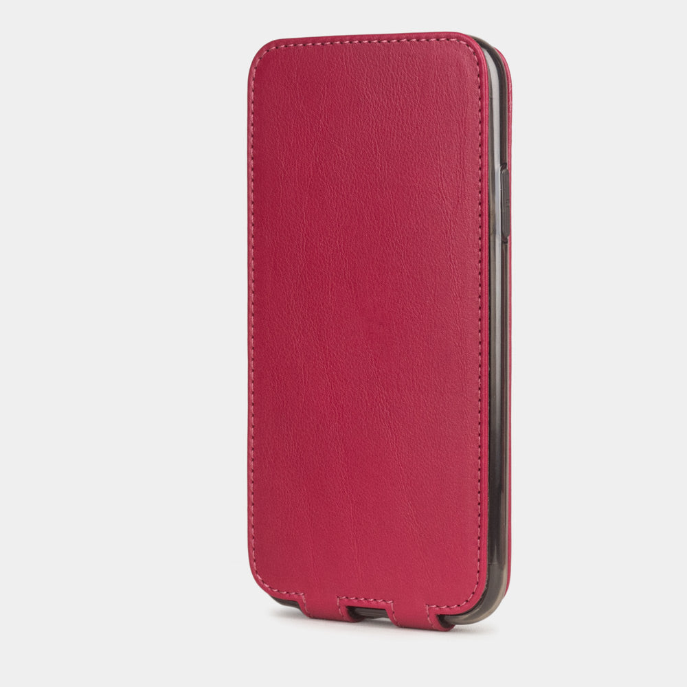 Fuchsia calfskin leather flip case iPhone 11, Marcel Robert handmade magnetic folding cover