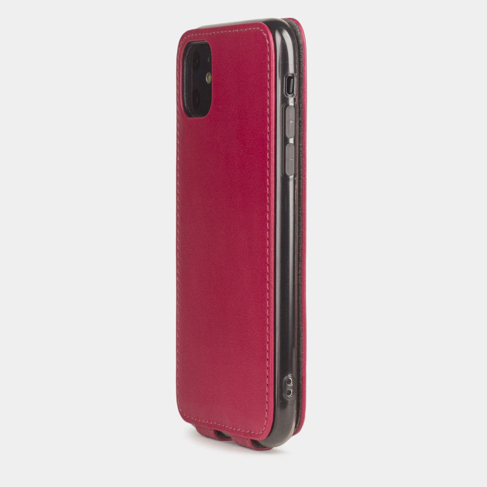 Fuchsia calfskin leather flip case iPhone 11, Marcel Robert handmade magnetic folding cover