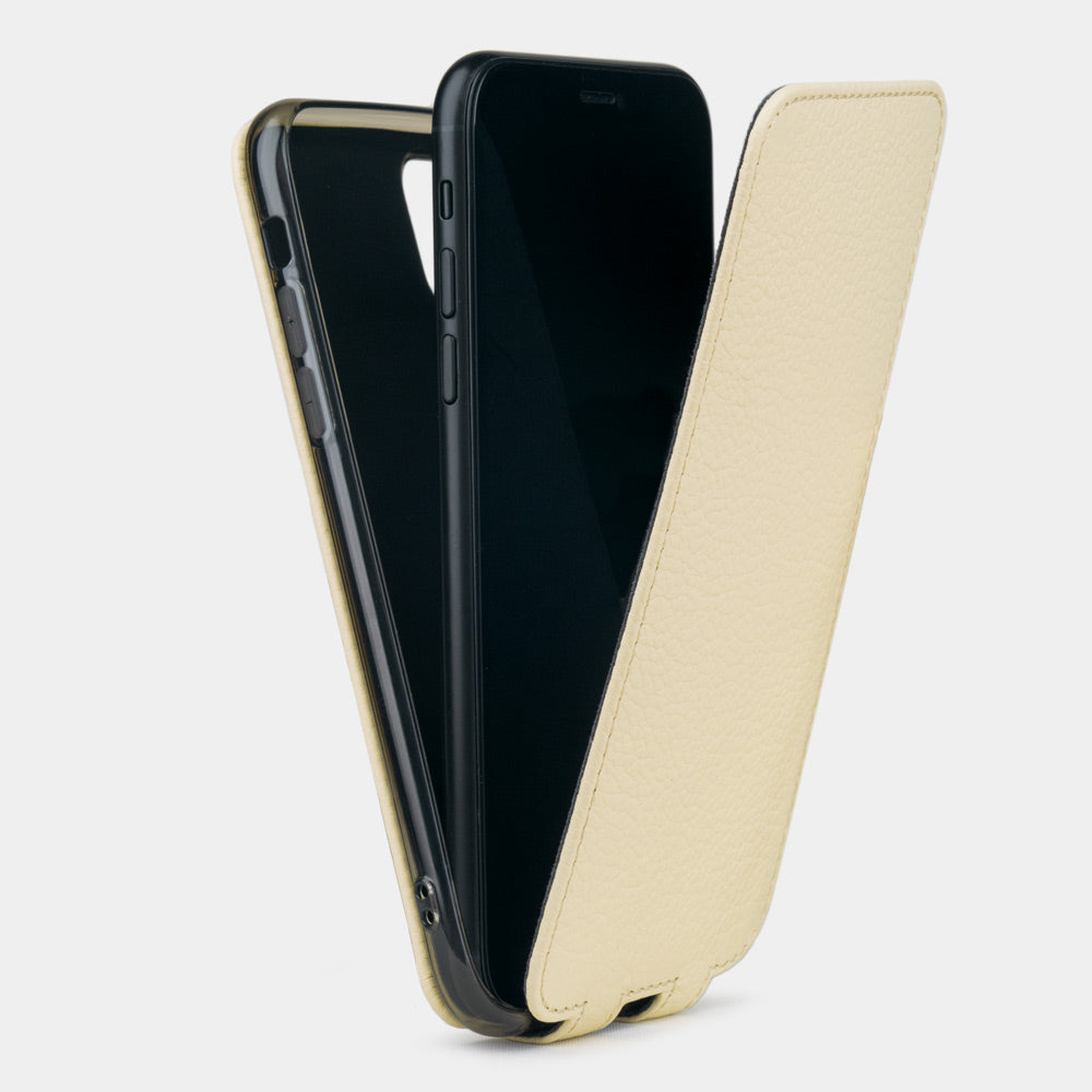 Cream calfskin leather flip case iPhone 11 Pro Max, Marcel Robert handmade magnetic folding cover