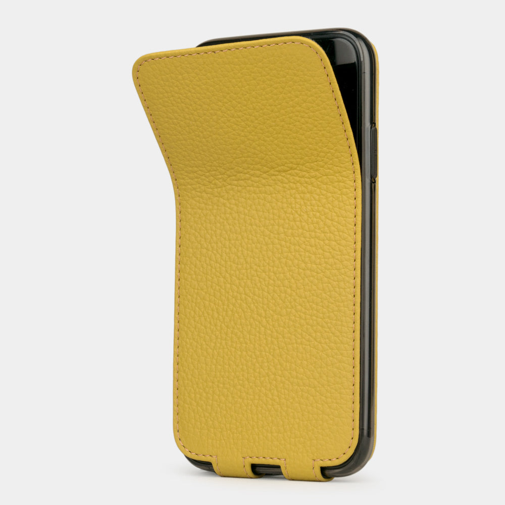 Yellow calfskin leather flip case iPhone 11, Marcel Robert handmade magnetic folding cover