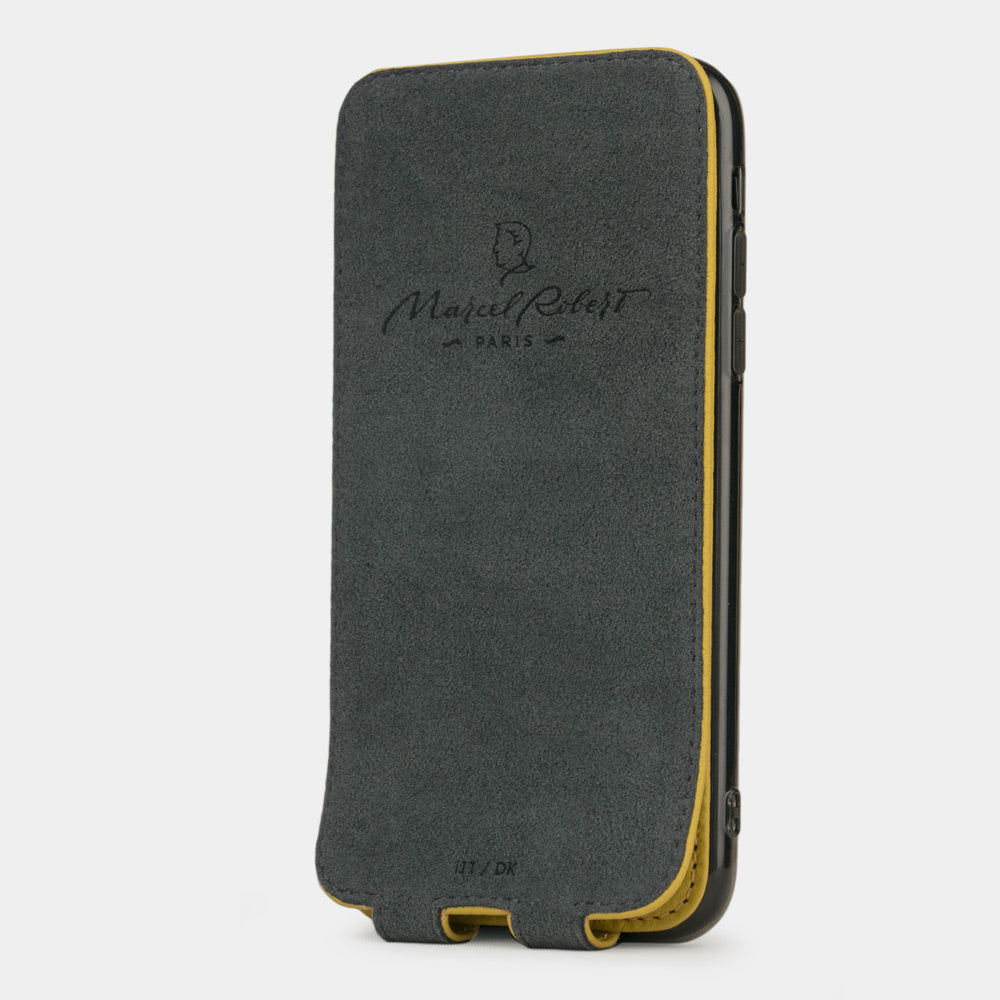 Yellow calfskin leather flip case iPhone 11, Marcel Robert handmade magnetic folding cover