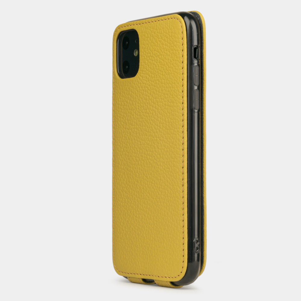 Yellow calfskin leather flip case iPhone 11, Marcel Robert handmade magnetic folding cover