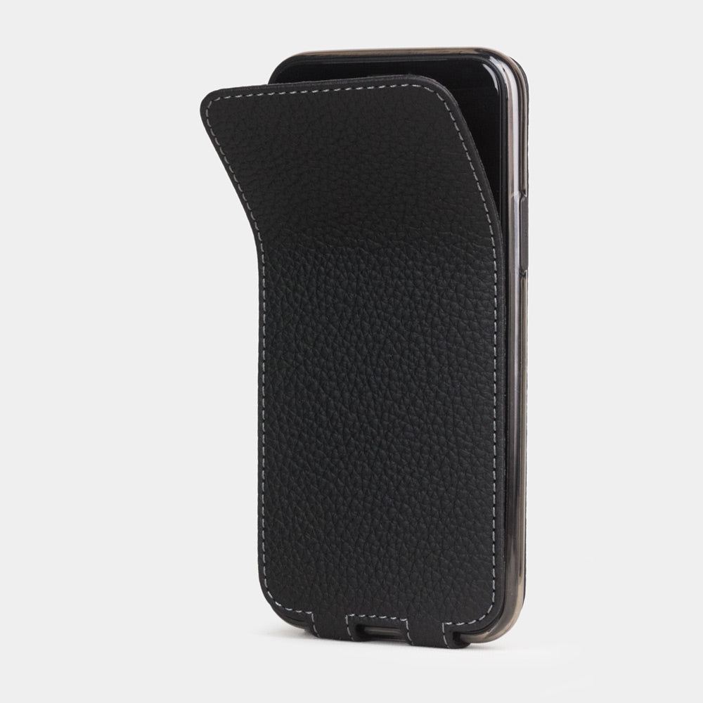 Matte Black calfskin leather flip case iPhone 11 Pro, Marcel Robert handmade magnetic folding cover