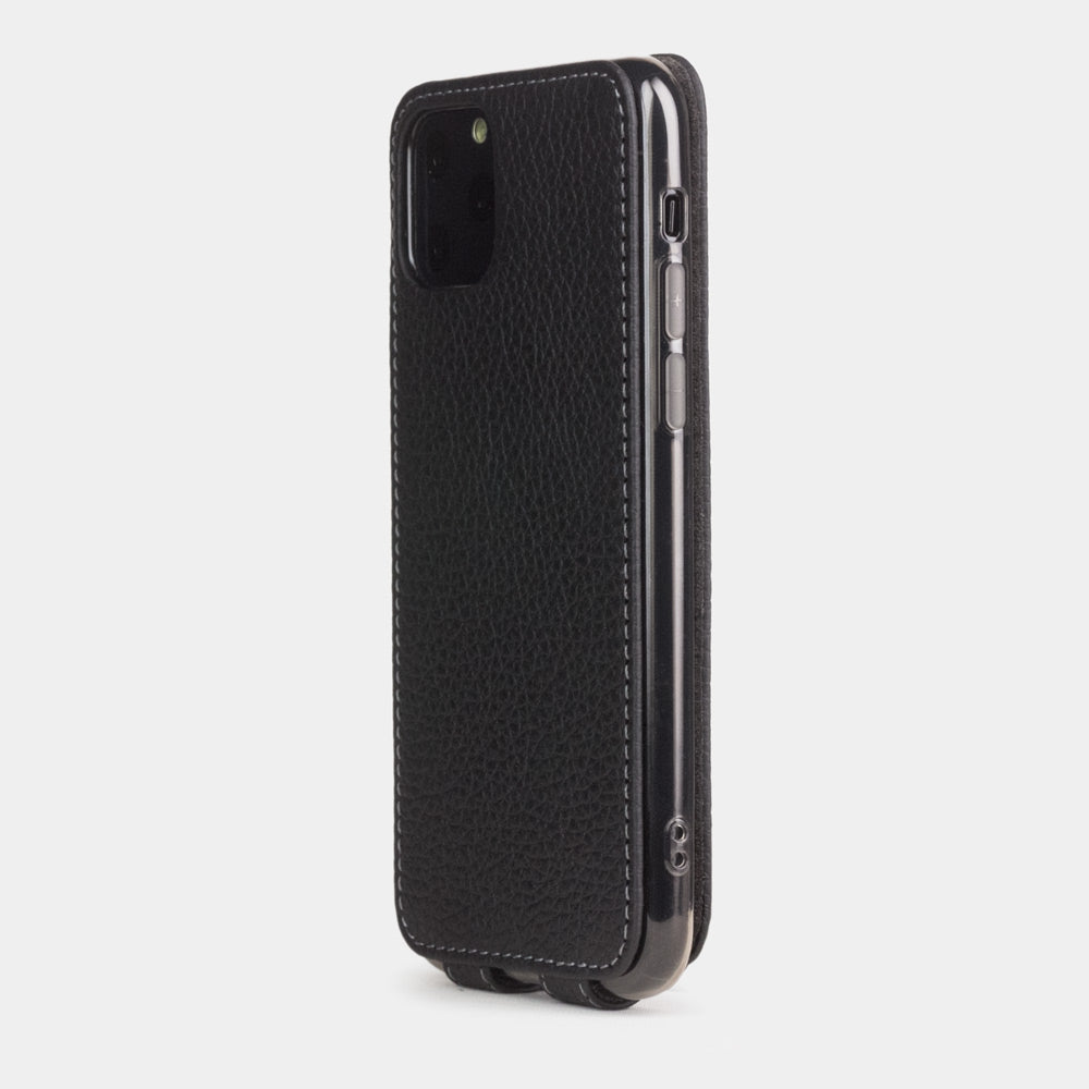 Matte Black calfskin leather flip case iPhone 11 Pro, Marcel Robert handmade magnetic folding cover