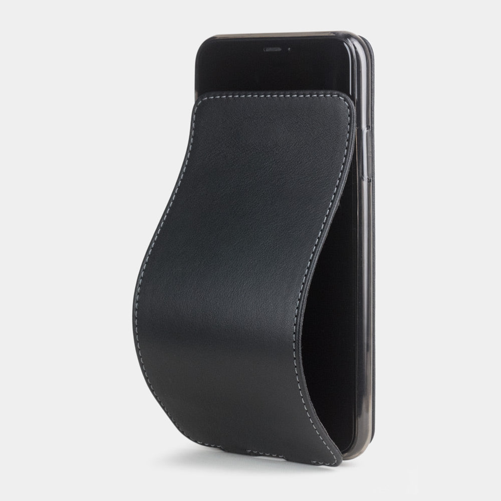 Black calfskin leather flip case iPhone 11 Pro Max, Marcel Robert handmade magnetic folding cover