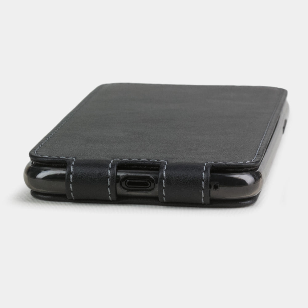 Black calfskin leather flip case iPhone 11 Pro Max, Marcel Robert handmade magnetic folding cover