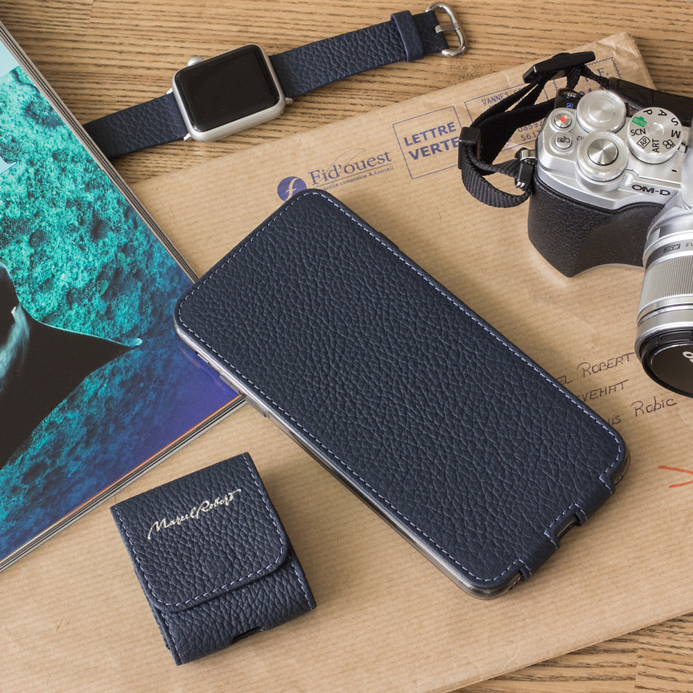 Matte Blue calfskin leather flip case iPhone 11 Pro Max, Marcel Robert handmade magnetic folding cover