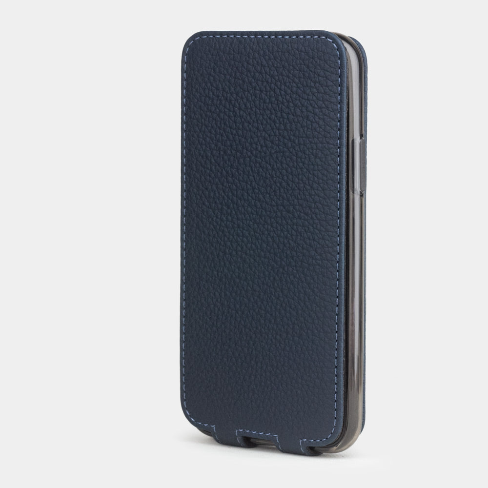 Blue calfskin leather flip case iPhone 11 Pro, Marcel Robert handmade magnetic folding cover
