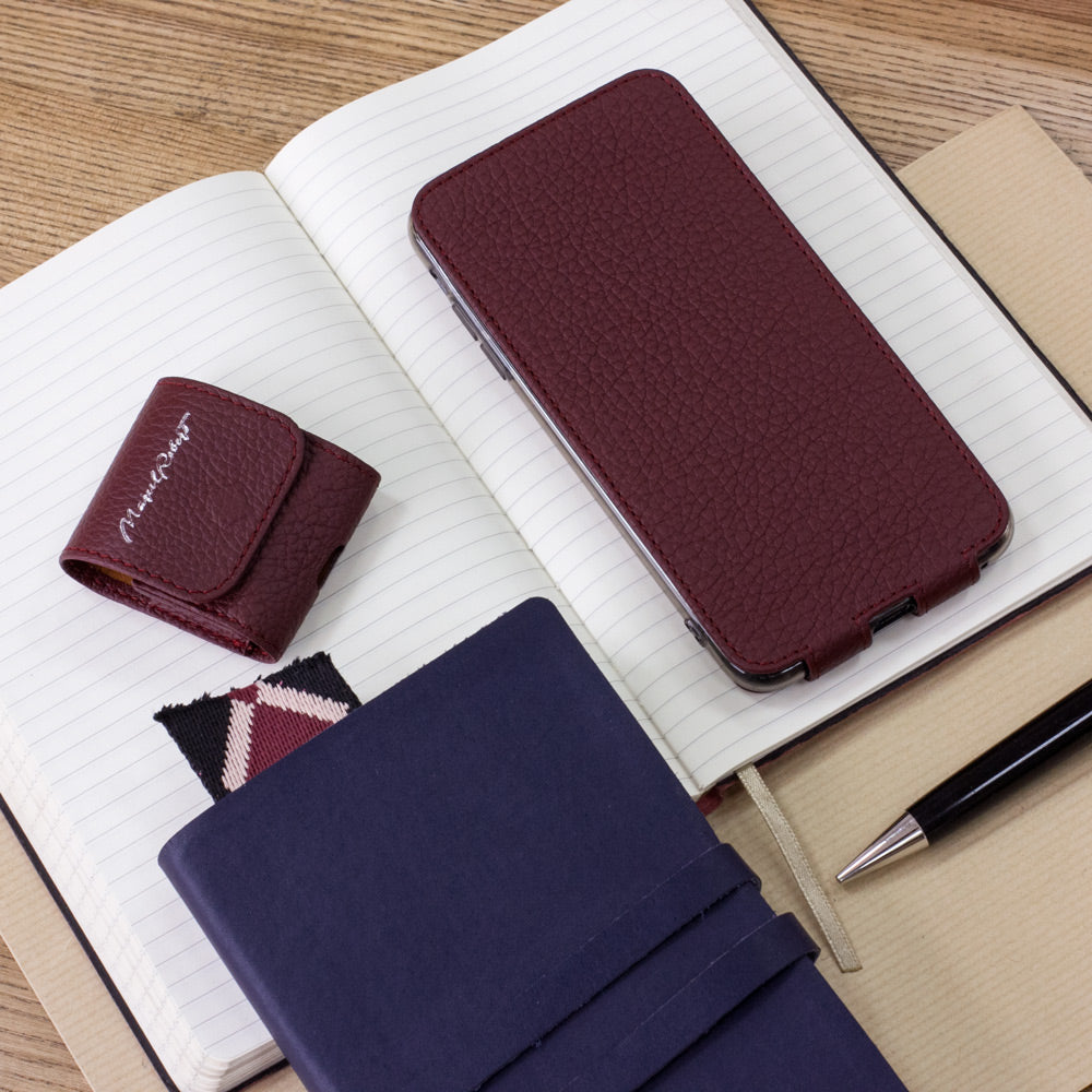 Bordeaux calfskin leather flip case iPhone 11 Pro, Marcel Robert handmade magnetic folding cover