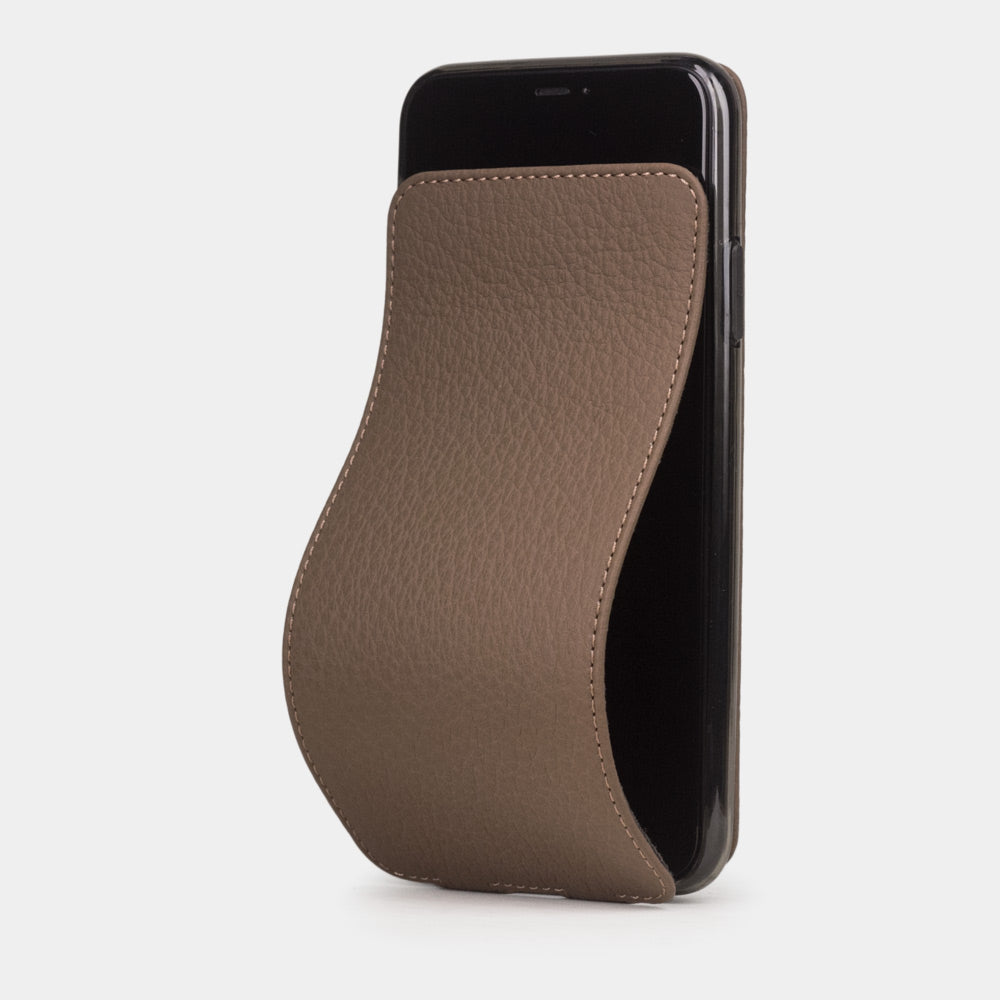 Coffee calfskin leather flip case iPhone 11 Pro, Marcel Robert handmade magnetic folding cover