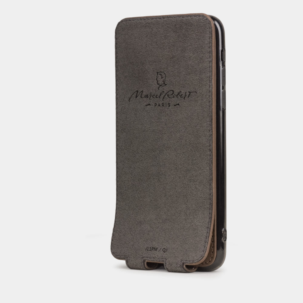 Coffee calfskin leather flip case iPhone 11 Pro, Marcel Robert handmade magnetic folding cover