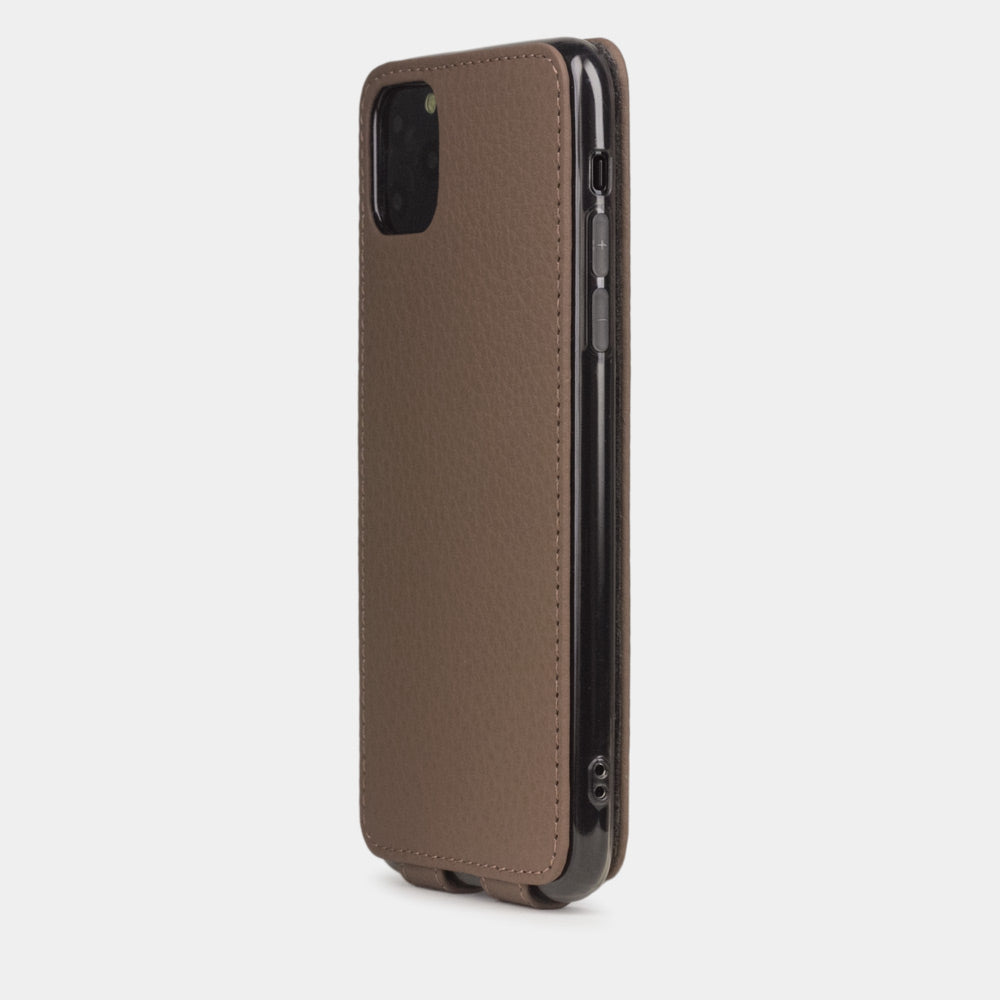Coffee calfskin leather flip case iPhone 11 Pro, Marcel Robert handmade magnetic folding cover