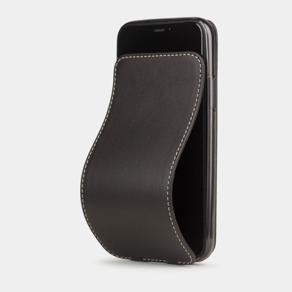 Brown calfskin leather flip case iPhone 11 Pro Max, Marcel Robert handmade magnetic folding cover