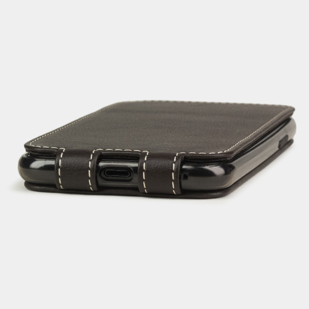Brown calfskin leather flip case iPhone 11 Pro Max, Marcel Robert handmade magnetic folding cover