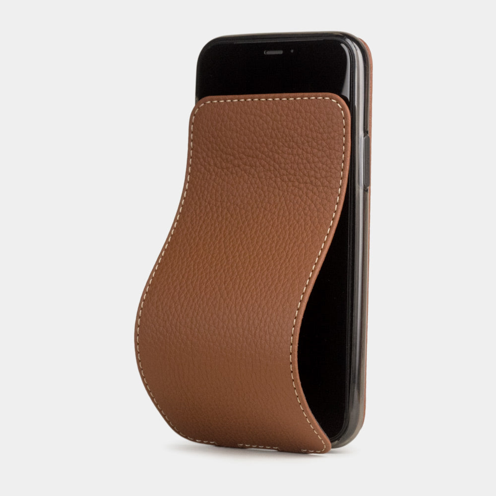 Caramel calfskin leather flip case iPhone 11 Pro, Marcel Robert handmade magnetic folding cover