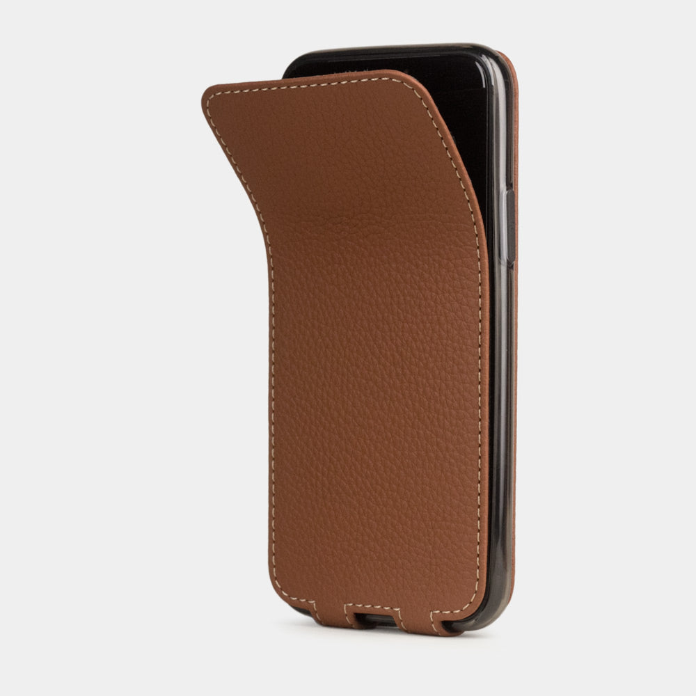 Caramel calfskin leather flip case iPhone 11 Pro Max, Marcel Robert handmade magnetic folding cover