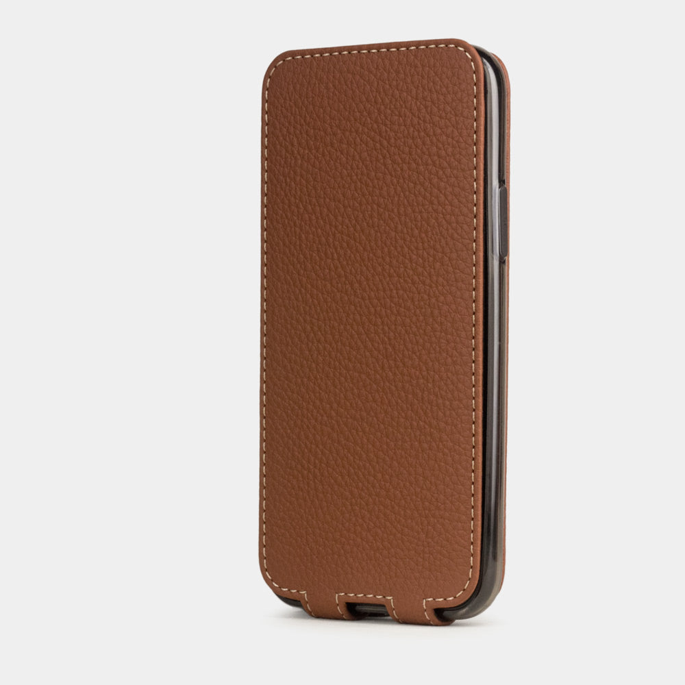Caramel calfskin leather flip case iPhone 11 Pro, Marcel Robert handmade magnetic folding cover