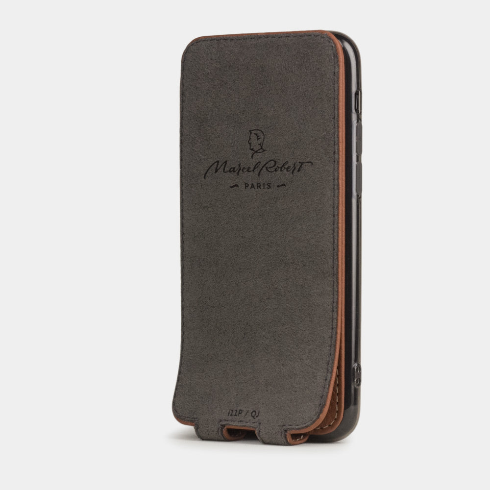 Caramel calfskin leather flip case iPhone 11 Pro, Marcel Robert handmade magnetic folding cover