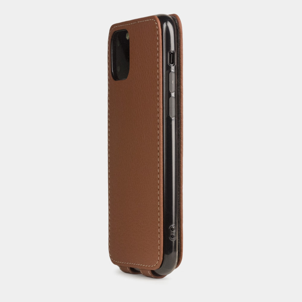 Caramel calfskin leather flip case iPhone 11 Pro, Marcel Robert handmade magnetic folding cover