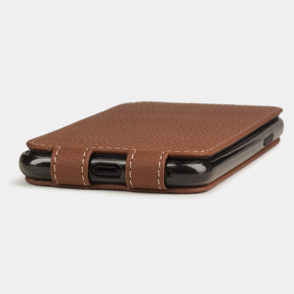 Caramel calfskin leather flip case iPhone 11 Pro, Marcel Robert handmade magnetic folding cover